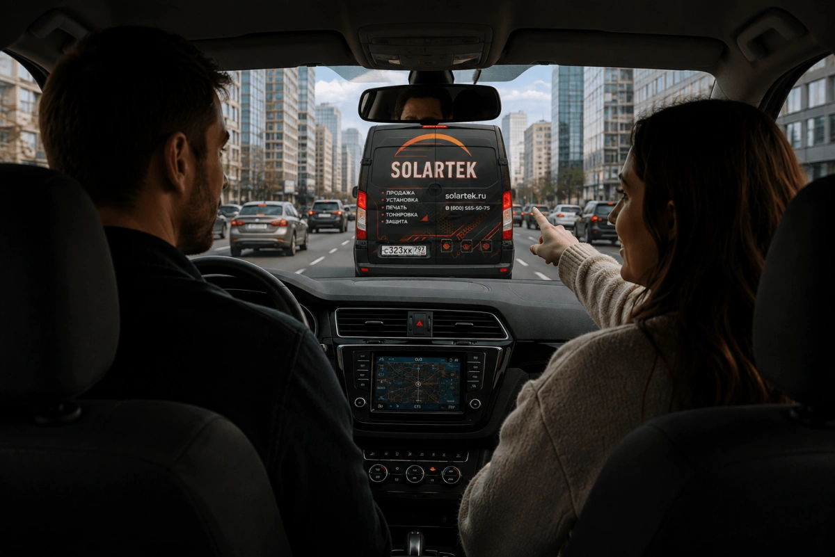 Логотип, сайт и контакты SOLARTEK на задней части фургона